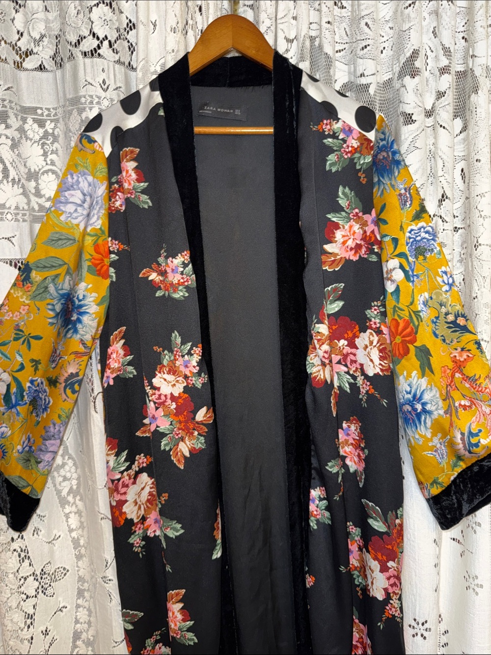 Zara Black Satin-Look Kimono with velvet Trim